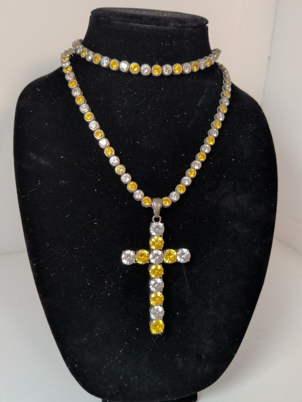 925 Sterling Silver Cross Pendant Tennis Necklace Yellow & Clear Stones 132g